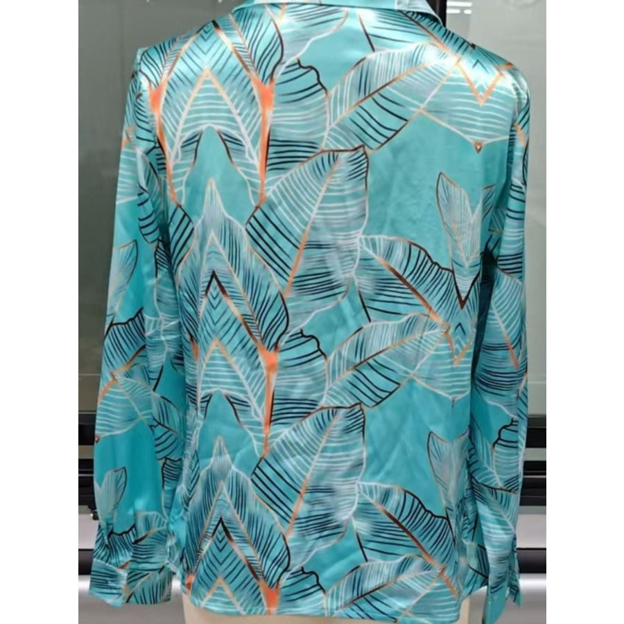 Full Size Satin Leaf Print Button Up Shirt Plus Size Apparel and Accessories