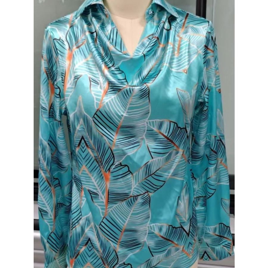 Full Size Satin Leaf Print Button Up Shirt Plus Size Apparel and Accessories