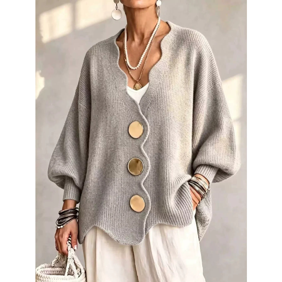 Full Size Scalloped-Edge Oversized Button-Down Cardigan Plus Light Gray / S Apparel and Accessories