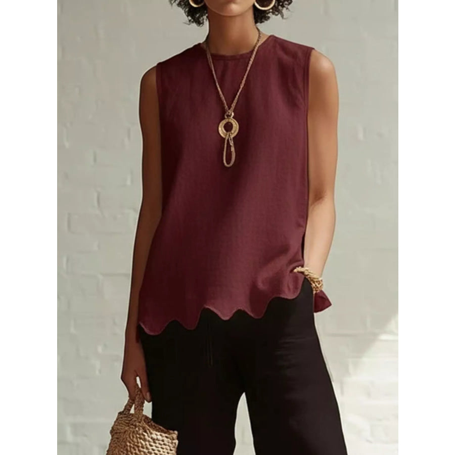 Full Size Scalloped Hem Sleeveless Tank Top Plus Size Wine Red / S Apparel and Accessories