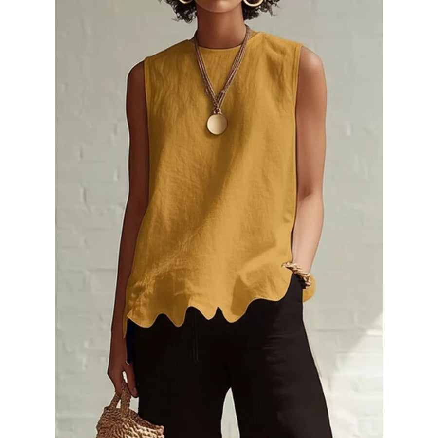 Full Size Scalloped Hem Sleeveless Tank Top Plus Size Yellow / S Apparel and Accessories