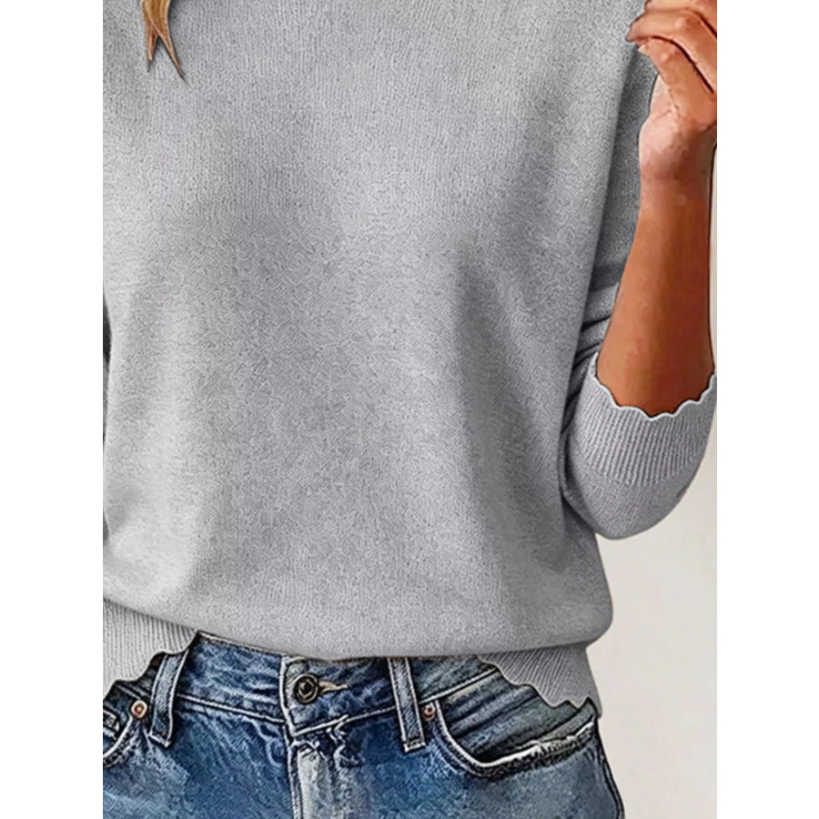 Full Size Scalloped Trim Crew Neck Sweater Plus Apparel and Accessories