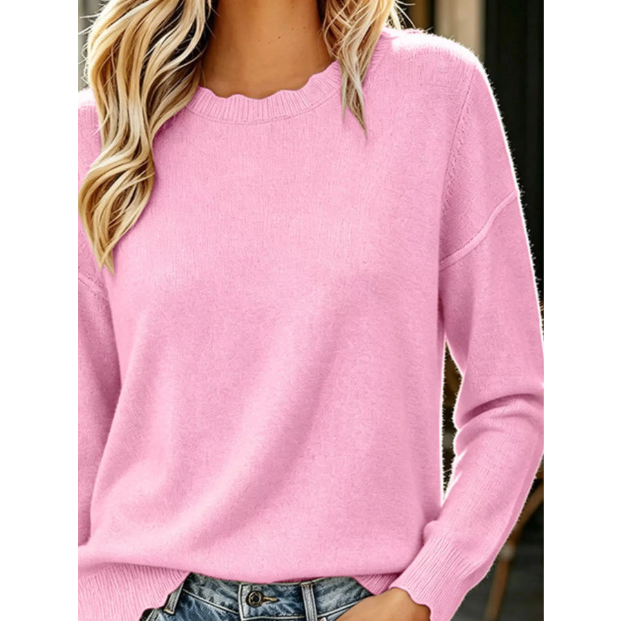 Full Size Scalloped Trim Crew Neck Sweater Plus Apparel and Accessories