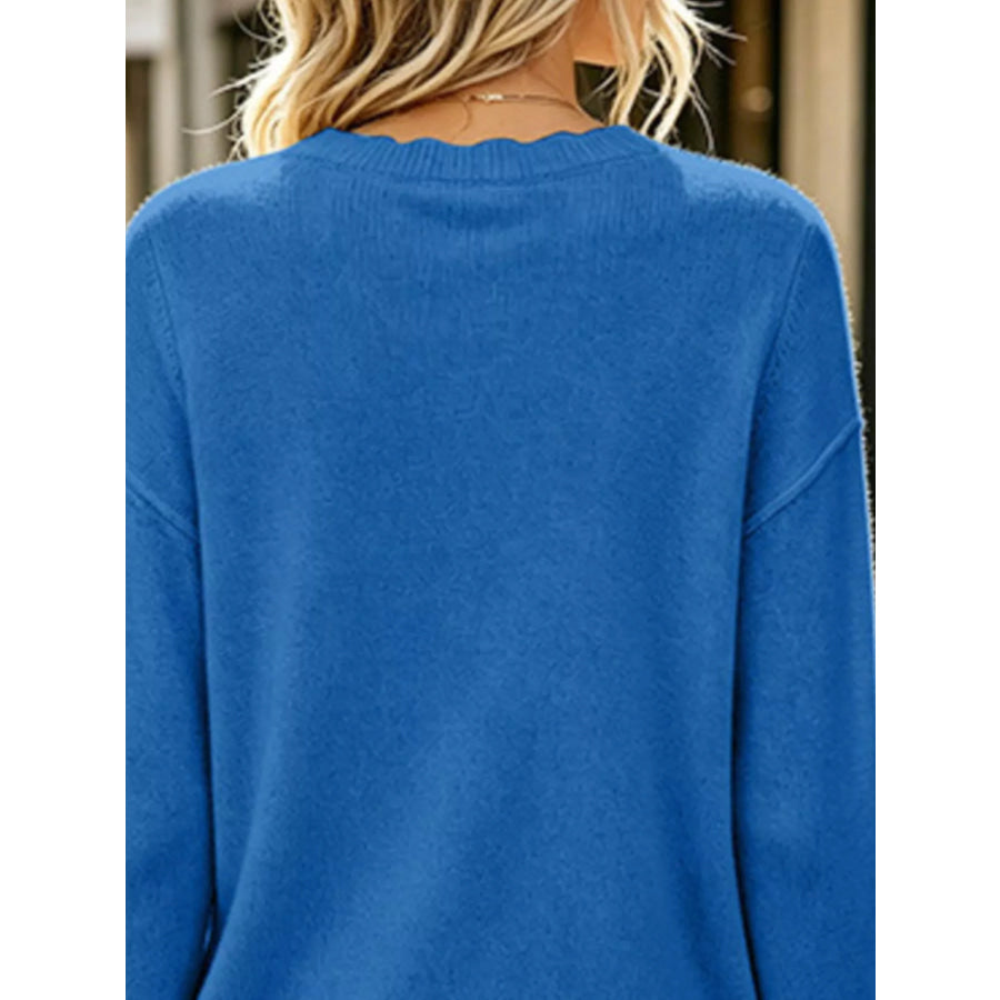 Full Size Scalloped Trim Crew Neck Sweater Plus Apparel and Accessories