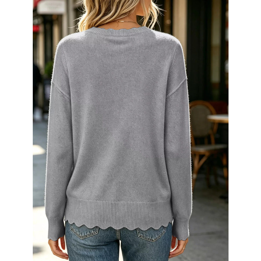 Full Size Scalloped Trim Crew Neck Sweater Plus Apparel and Accessories