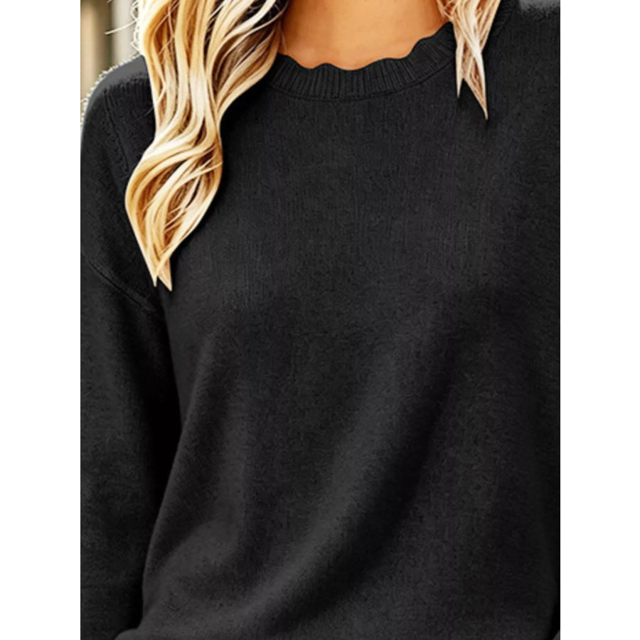 Full Size Scalloped Trim Crew Neck Sweater Plus Apparel and Accessories