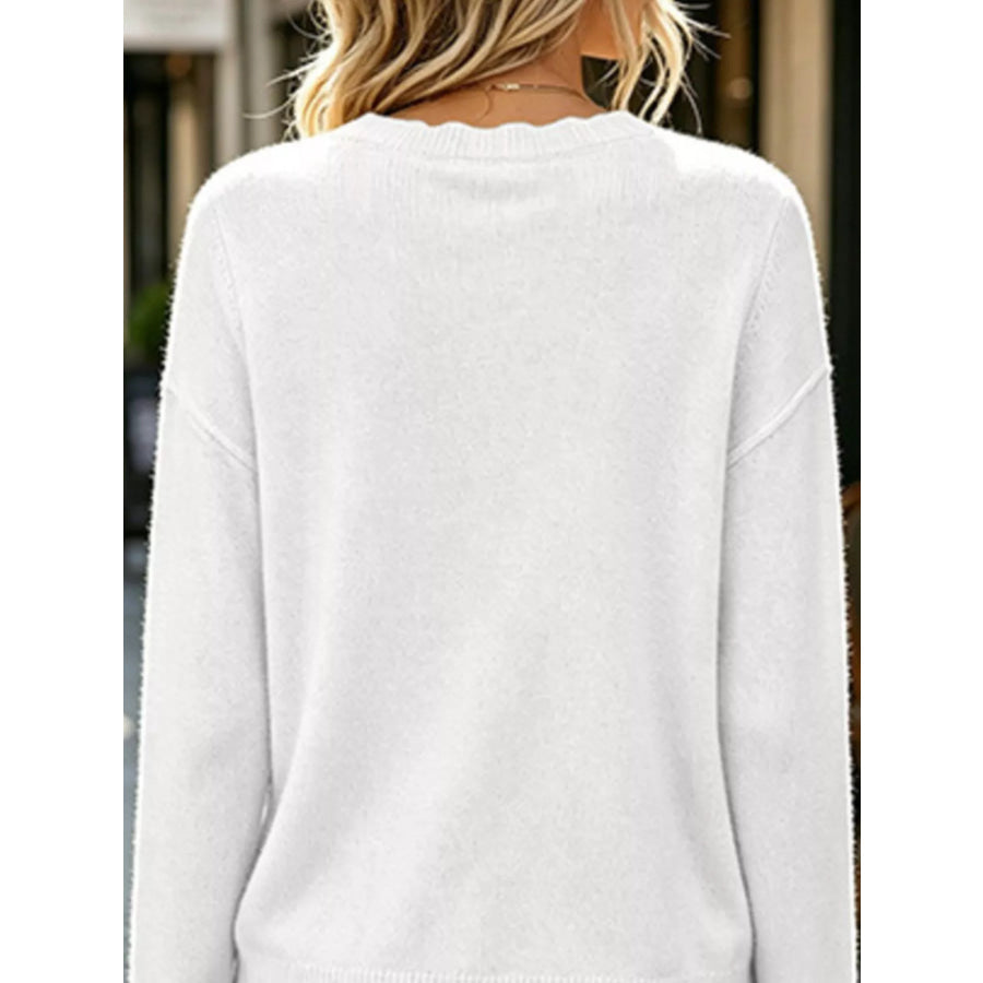 Full Size Scalloped Trim Crew Neck Sweater Plus Apparel and Accessories
