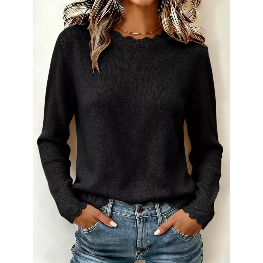 Full Size Scalloped Trim Crew Neck Sweater Plus Apparel and Accessories