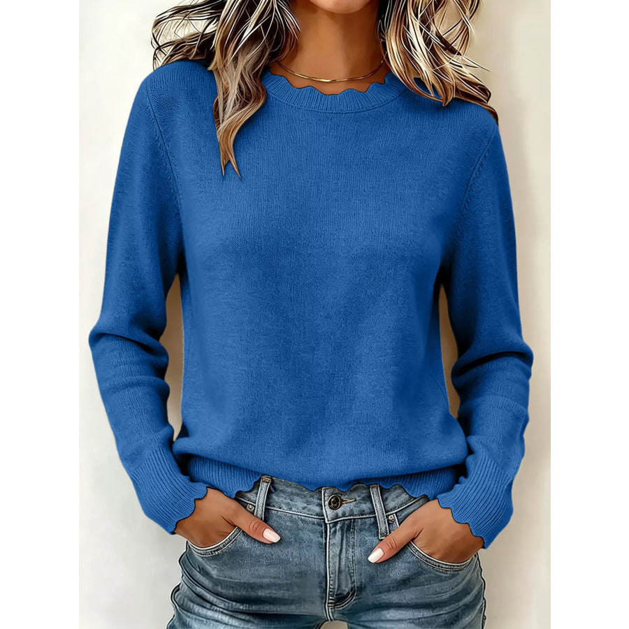 Full Size Scalloped Trim Crew Neck Sweater Plus Apparel and Accessories