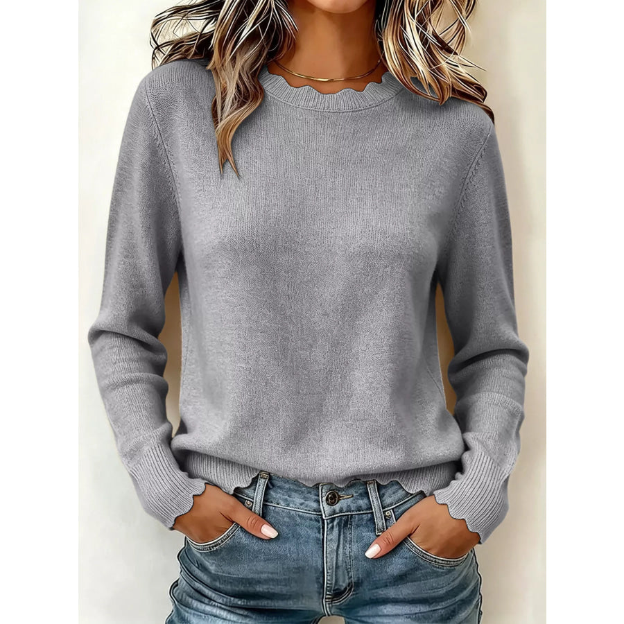 Full Size Scalloped Trim Crew Neck Sweater Plus Dark Gray / XS Apparel and Accessories
