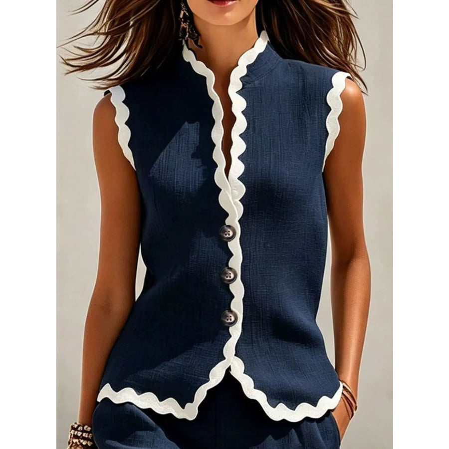Full Size Scalloped Trim Sleeveless Vest and Shorts Two-Piece Set Plus Apparel Accessories