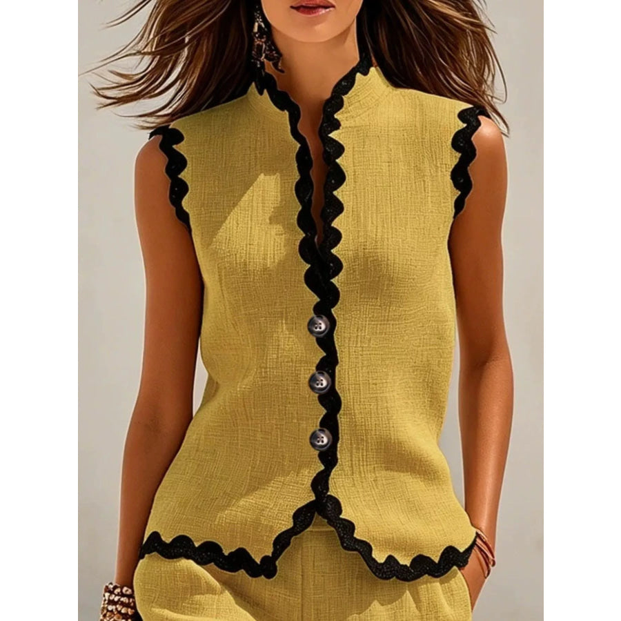 Full Size Scalloped Trim Sleeveless Vest and Shorts Two-Piece Set Plus Apparel Accessories