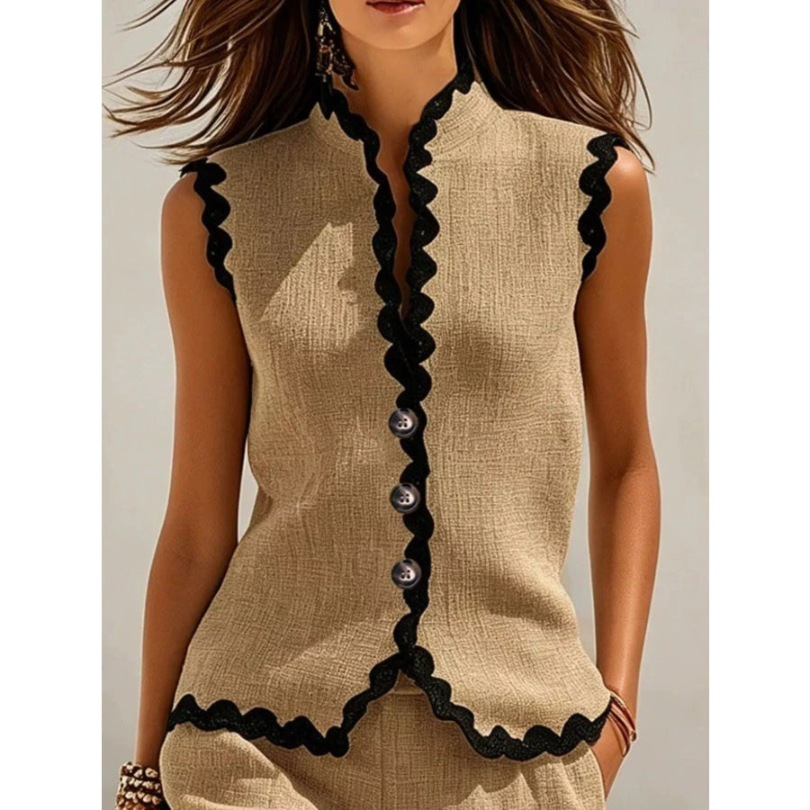 Full Size Scalloped Trim Sleeveless Vest and Shorts Two-Piece Set Plus Apparel Accessories