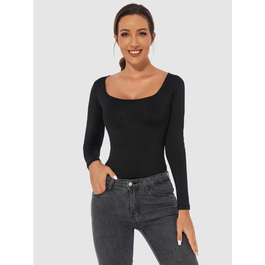 Full Size Scoop Neck Long Sleeve Bodysuit Black / S Apparel and Accessories