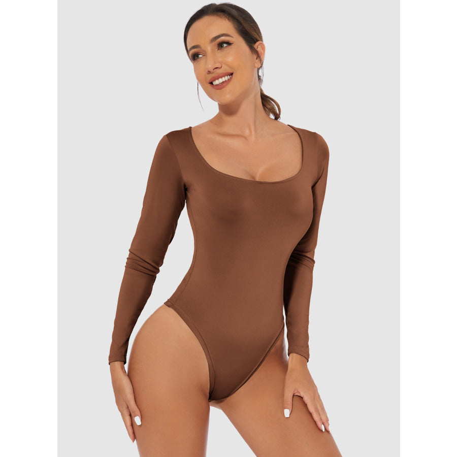 Full Size Scoop Neck Long Sleeve Bodysuit Brown / S Apparel and Accessories