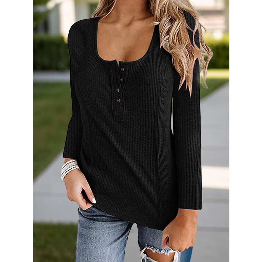 Full Size Scoop Neck Long Sleeve T-Shirt Black / S Apparel and Accessories