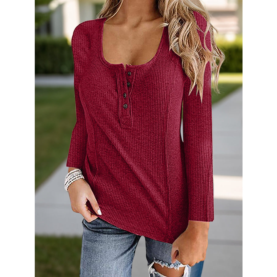 Full Size Scoop Neck Long Sleeve T-Shirt Burgundy / S Apparel and Accessories