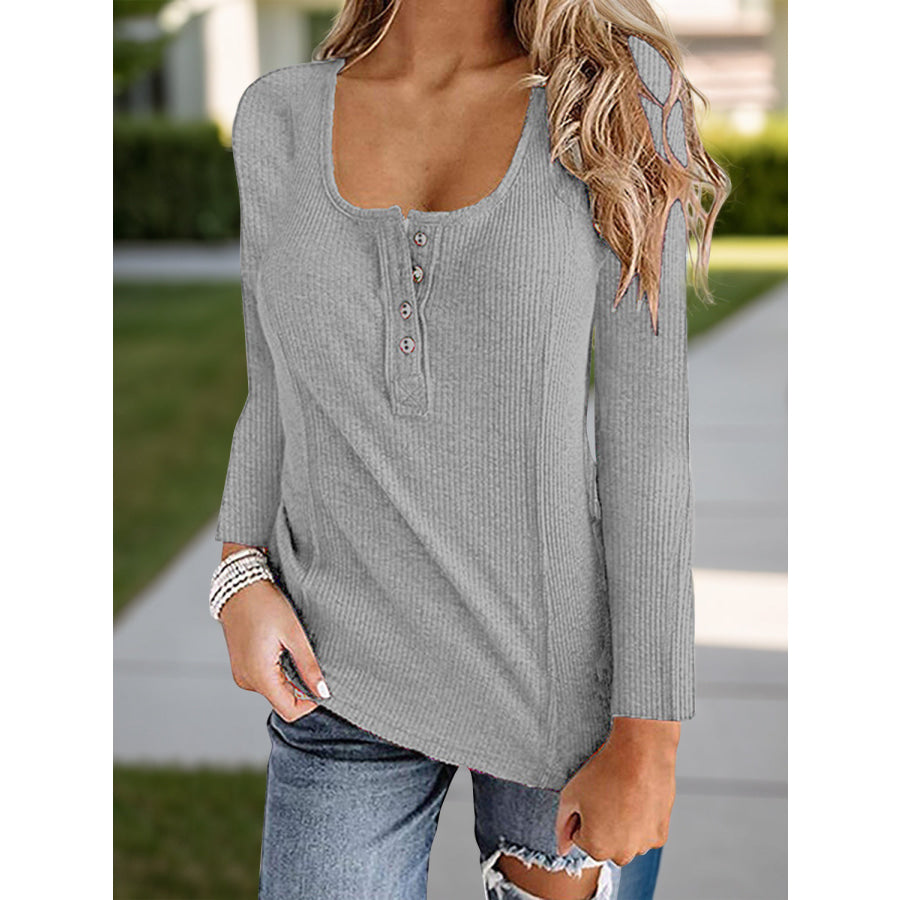 Full Size Scoop Neck Long Sleeve T-Shirt Gray / S Apparel and Accessories