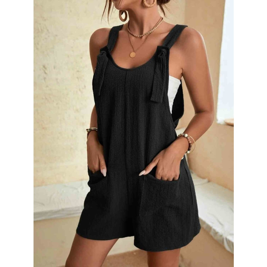 Full Size Scoop Neck Romper with Pockets Black / S