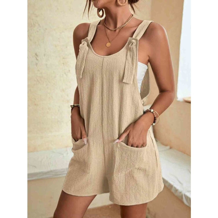 Full Size Scoop Neck Romper with Pockets Cream / S