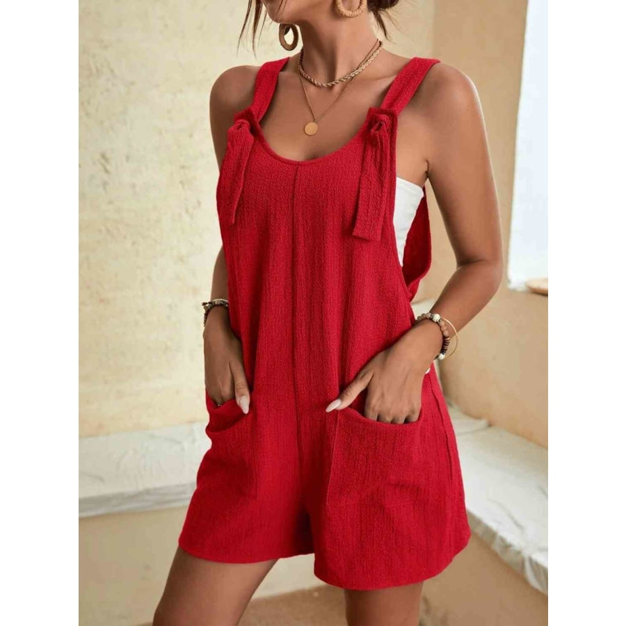 Full Size Scoop Neck Romper with Pockets Red / S