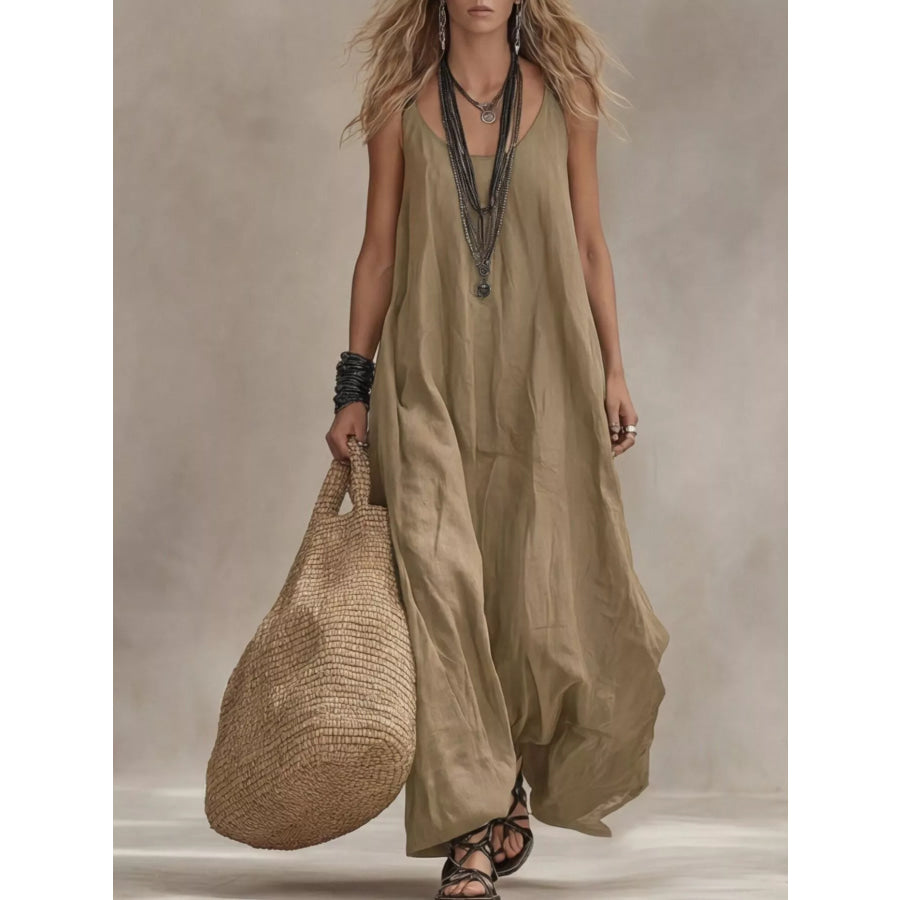 Full Size Scoop Neck Sleeveless Maxi Dress Plus Size Khaki / S Apparel and Accessories