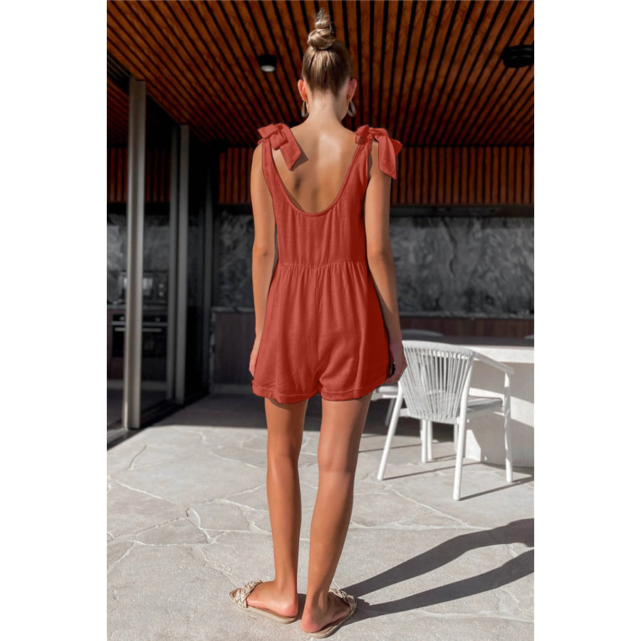Full Size Scoop Neck Tie Shoulder Romper Apparel and Accessories