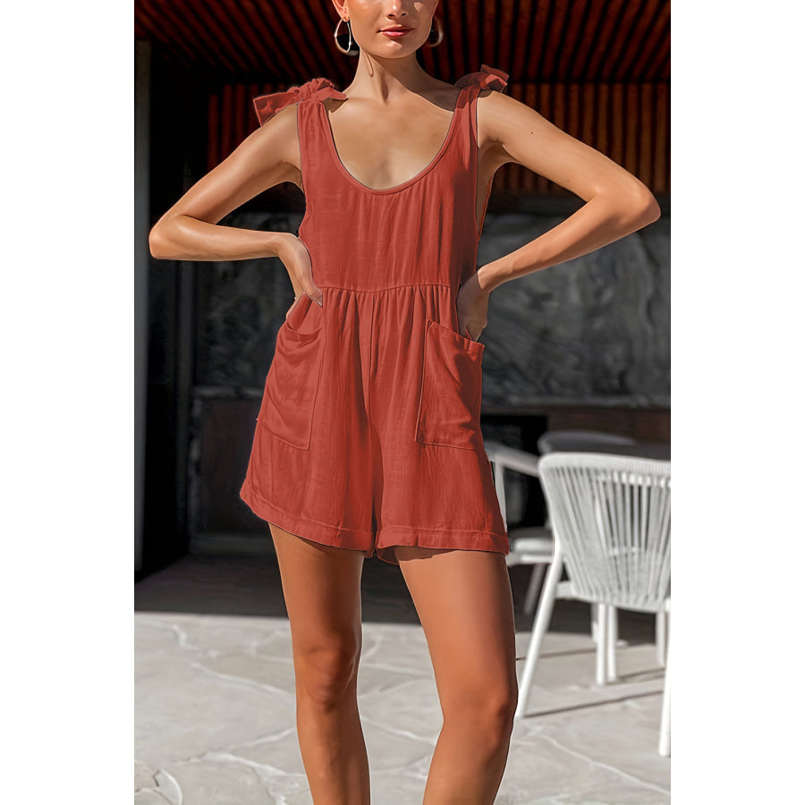 Full Size Scoop Neck Tie Shoulder Romper Ochre / S Apparel and Accessories