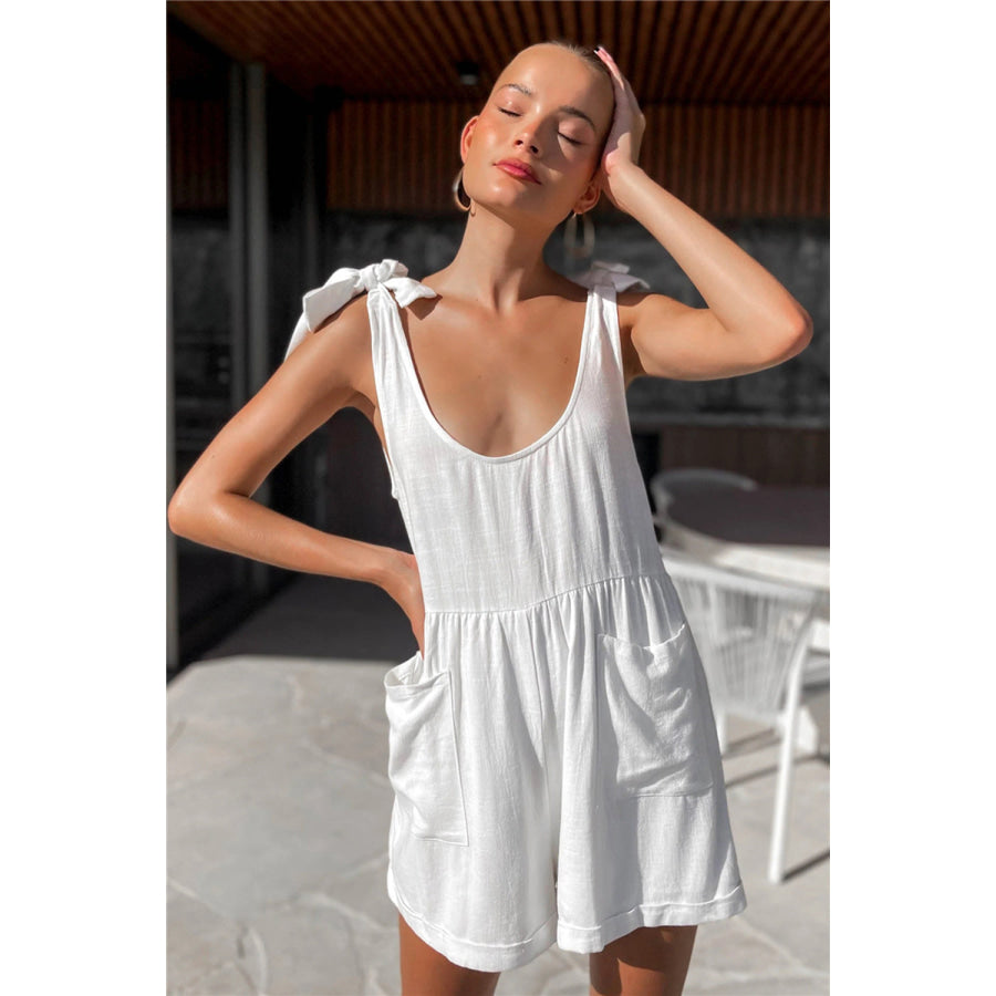 Full Size Scoop Neck Tie Shoulder Romper White / S Apparel and Accessories