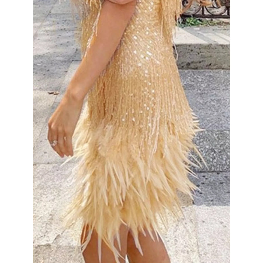 Full Size Sequin and Feather Fringe Mini Dress Plus Size Apparel and Accessories