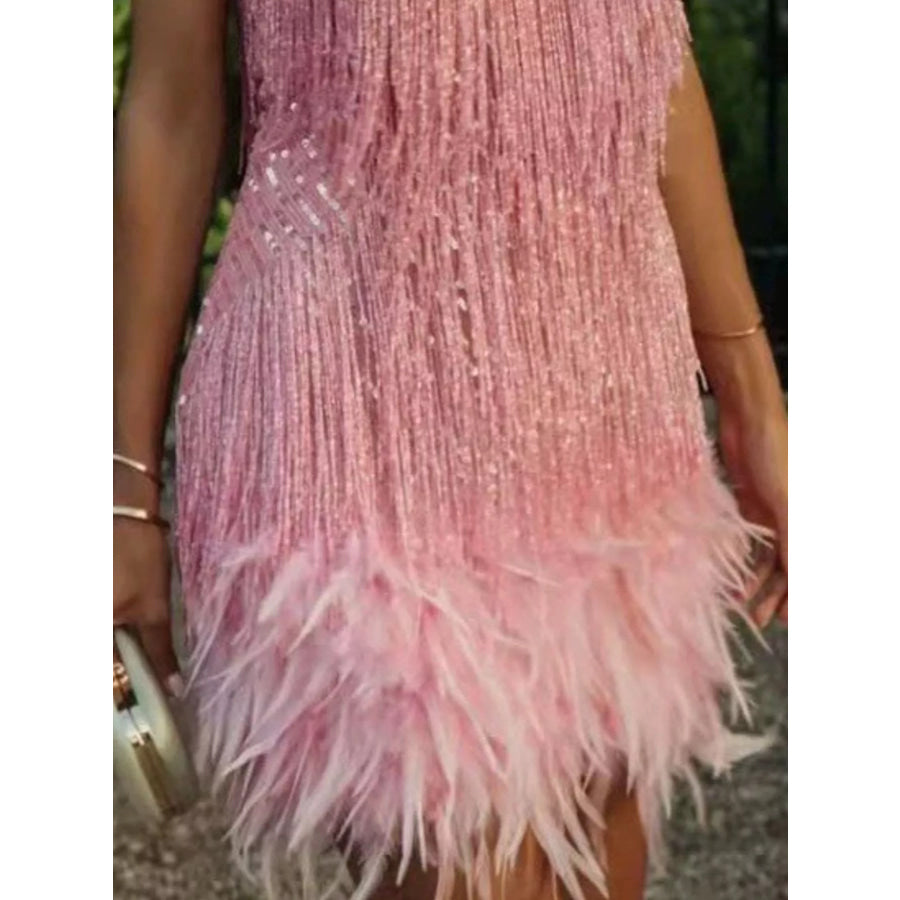 Full Size Sequin and Feather Fringe Mini Dress Plus Size Apparel and Accessories
