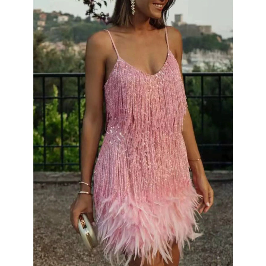 Full Size Sequin and Feather Fringe Mini Dress Plus Size Blush Pink / S Apparel and Accessories