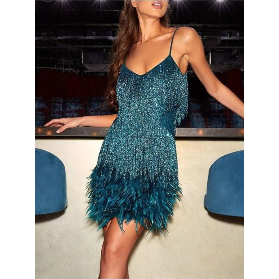 Full Size Sequin and Feather Fringe Mini Dress Plus Size French Blue / S Apparel and Accessories