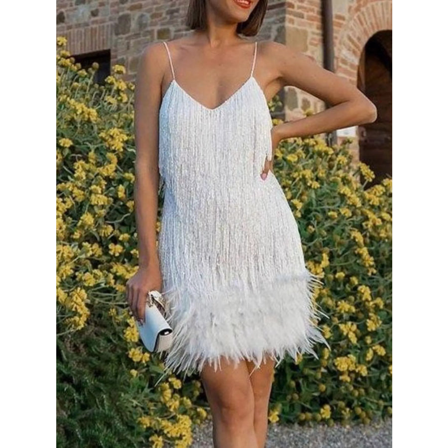 Full Size Sequin and Feather Fringe Mini Dress Plus Size White / S Apparel and Accessories