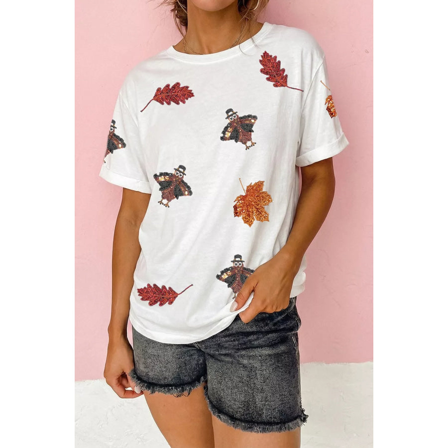 Full Size Sequin Autumn Leaf Thanksgiving Turkey T Shirt Plus Size Apparel and Accessories