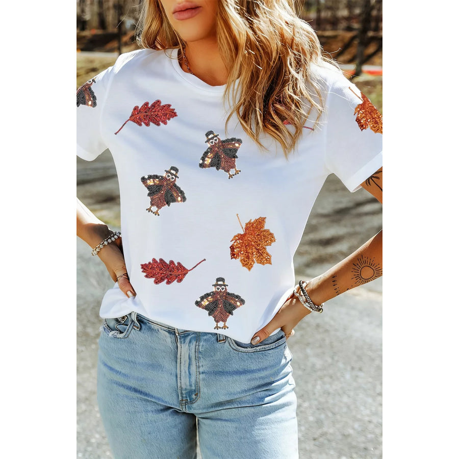 Full Size Sequin Autumn Leaf Thanksgiving Turkey T Shirt Plus Size White / S Apparel and Accessories