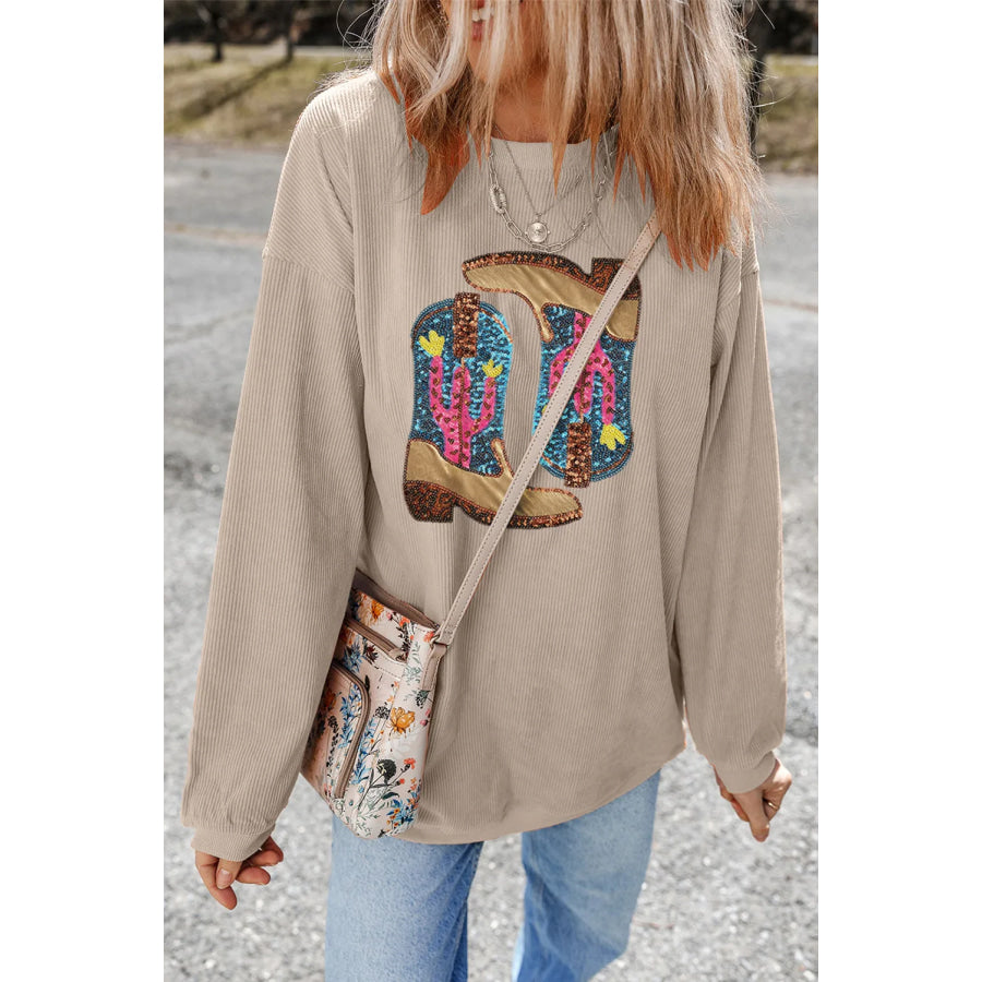 Full Size Sequin Boots Round Neck Long Sleeve Sweatshirt Apparel and Accessories