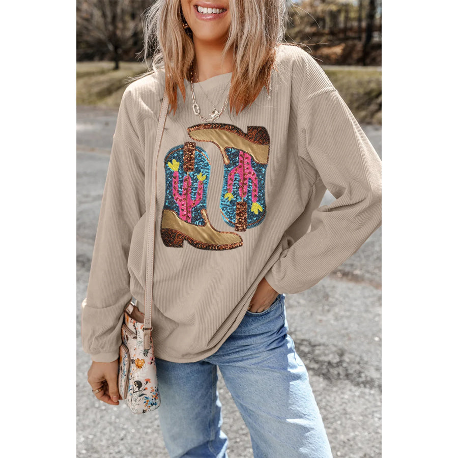 Full Size Sequin Boots Round Neck Long Sleeve Sweatshirt Dust Storm / S Apparel and Accessories