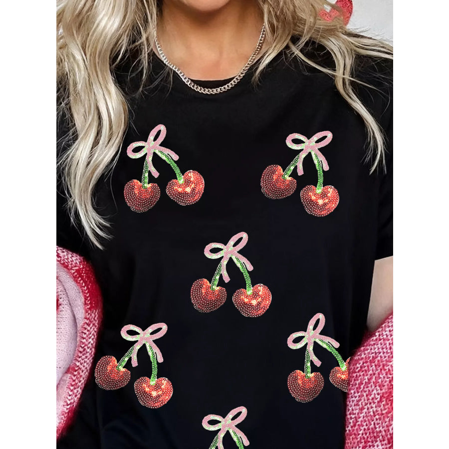 Full Size Sequin Bow Cheery Patched Valentines Tee Plus Size Apparel and Accessories