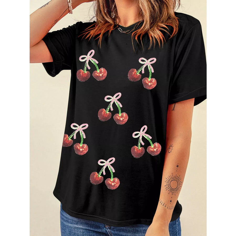Full Size Sequin Bow Cheery Patched Valentines Tee Plus Size Apparel and Accessories