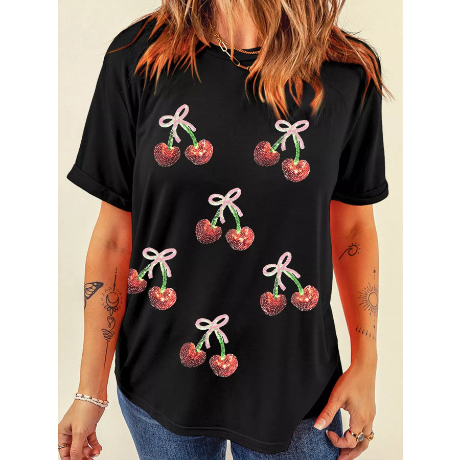 Full Size Sequin Bow Cheery Patched Valentines Tee Plus Size Black / S Apparel and Accessories