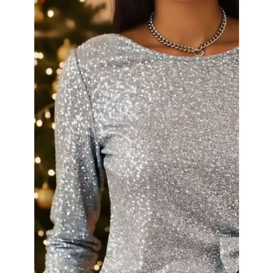 Full Size Sequin Bow-Knot Long Sleeve Top Plus Size Apparel and Accessories