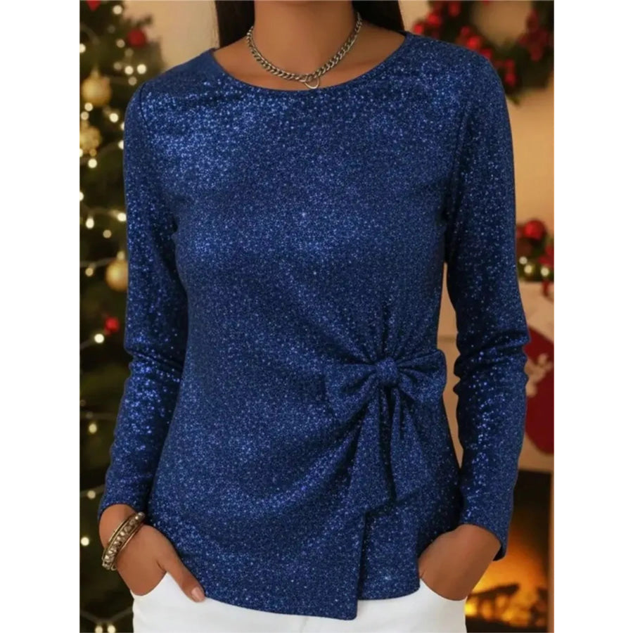 Full Size Sequin Bow-Knot Long Sleeve Top Plus Size Blue / S Apparel and Accessories