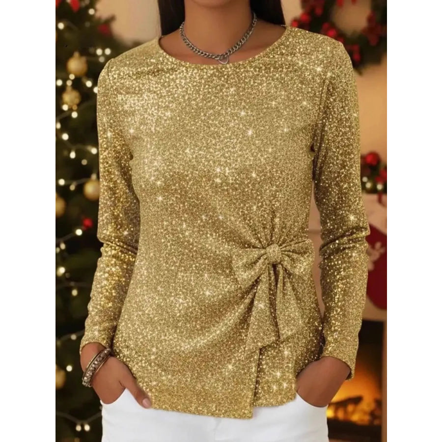Full Size Sequin Bow-Knot Long Sleeve Top Plus Size Gold / S Apparel and Accessories