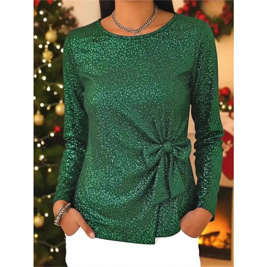 Full Size Sequin Bow-Knot Long Sleeve Top Plus Size Green / S Apparel and Accessories