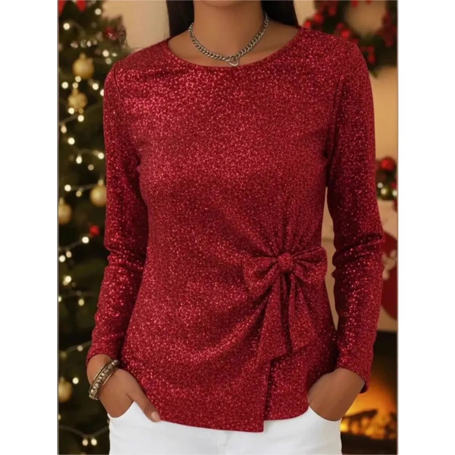 Full Size Sequin Bow-Knot Long Sleeve Top Plus Size Red / S Apparel and Accessories