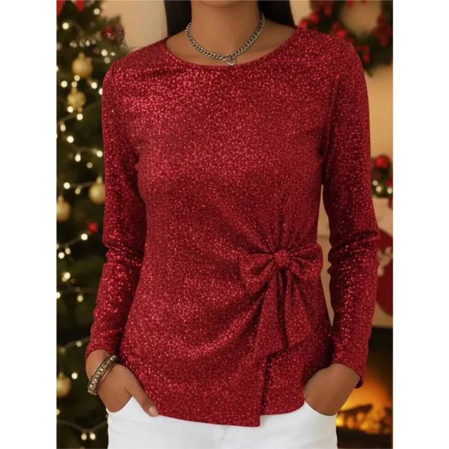 Full Size Sequin Bow-Knot Long Sleeve Top Plus Size Red / S Apparel and Accessories