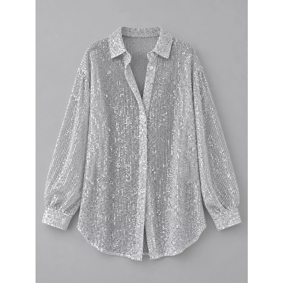 Full Size Sequin Button Up Long Sleeve Shirt Plus Apparel and Accessories