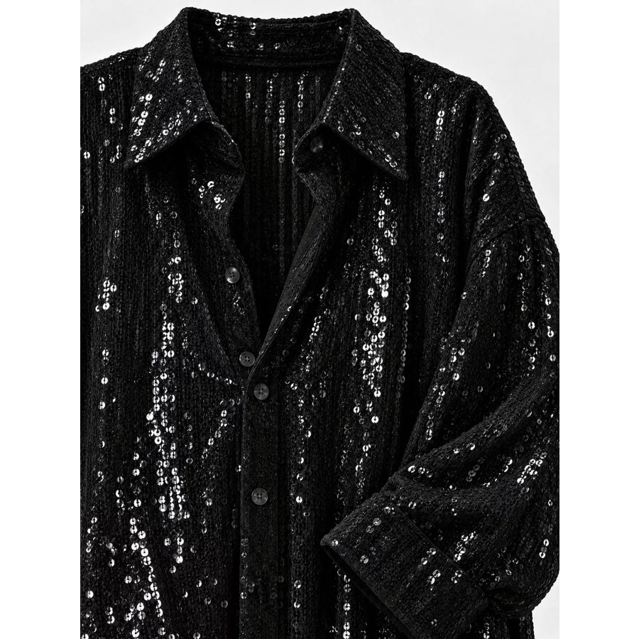 Full Size Sequin Button Up Long Sleeve Shirt Plus Apparel and Accessories