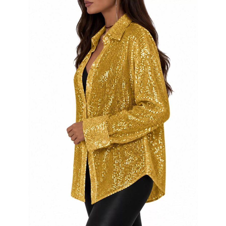 Full Size Sequin Button Up Long Sleeve Shirt Plus Apparel and Accessories